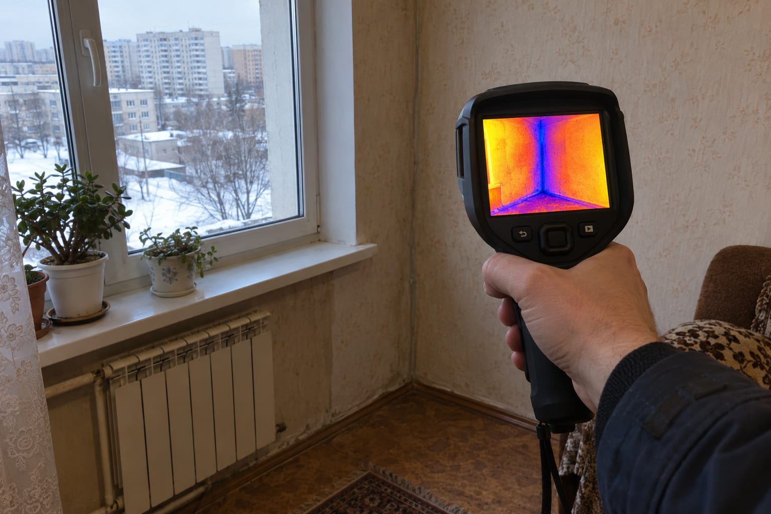 Тепловизор показывает холодную полосу вдоль межпанельного шва в углу комнаты