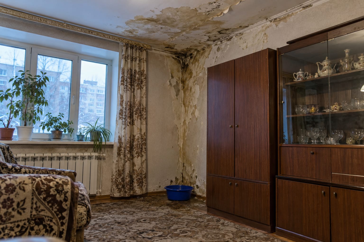 Следы залива на потолке и стене в квартире многоэтажного дома